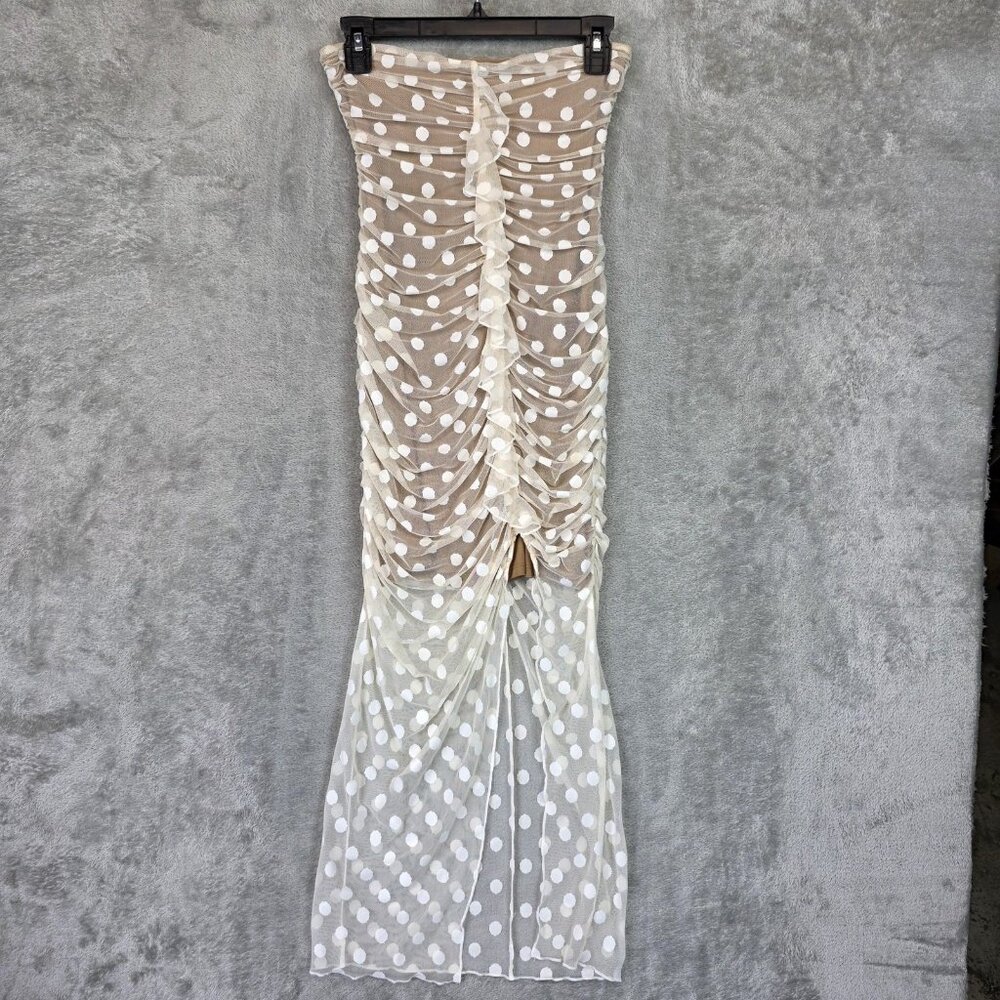 Majorelle Dress Womens Small White Polka Dot Strapless Ruched Mesh Bodycon Maxi